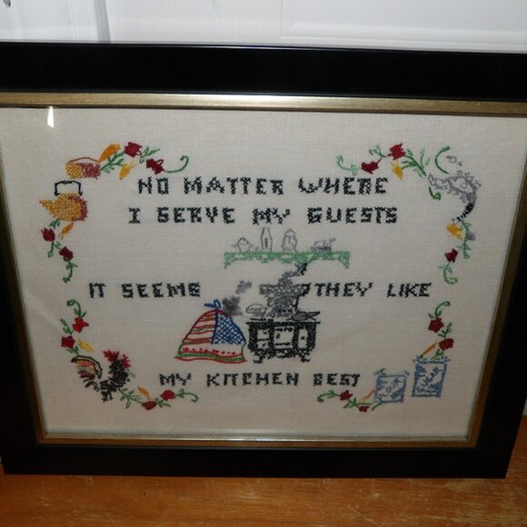 Vintage FRAMED 13x16" Hand Embroidered Cross Stitch Embroidered Kitchen Sampler - Picture 2 of 5